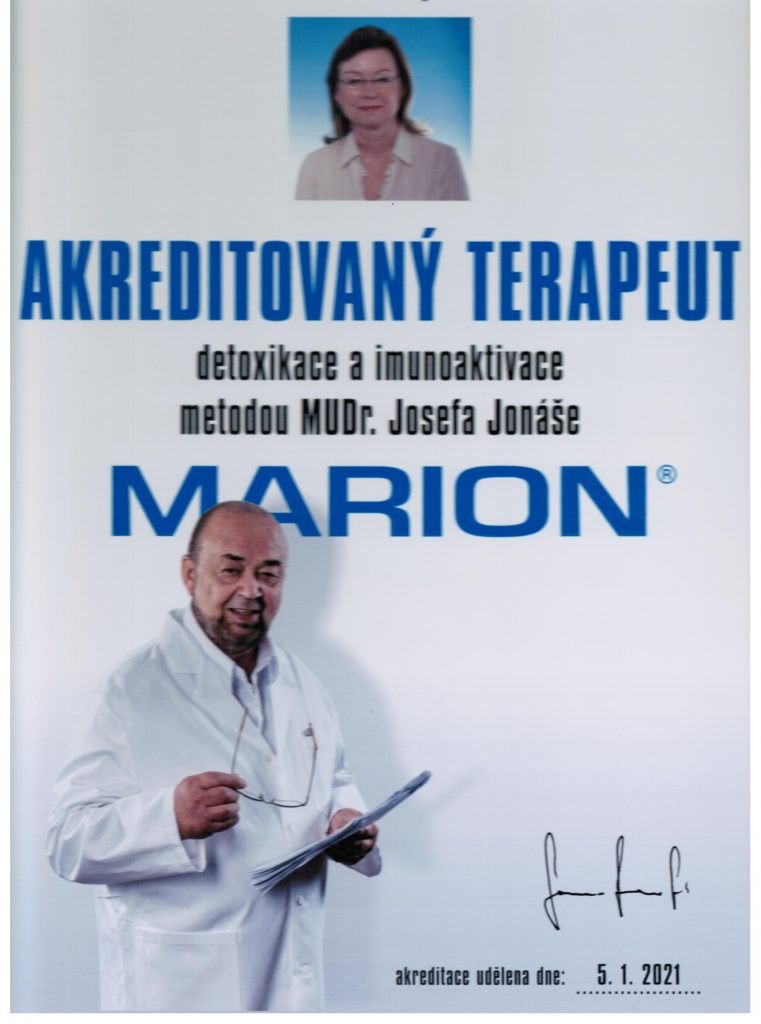 Osvědčení: Akreditovaný terapeut detoxikace metodou MUDr. Josefa Jonáše, Marion, akreditace udělena 5. 1. 2021